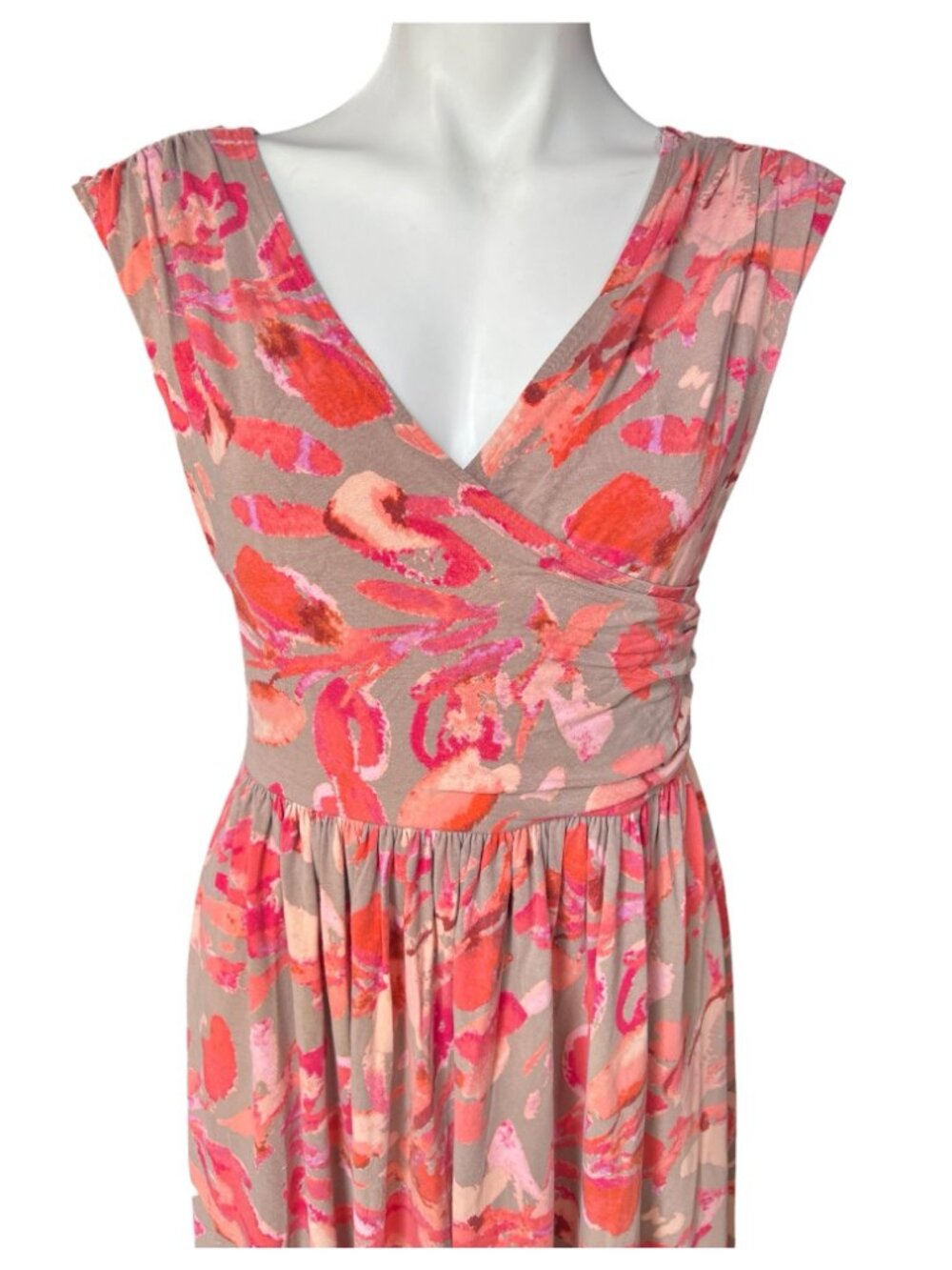 Ann Taylor Coral & Beige Abstract Print Sleeveless V-Neck Midi Dress Size M - Picture 3 of 10